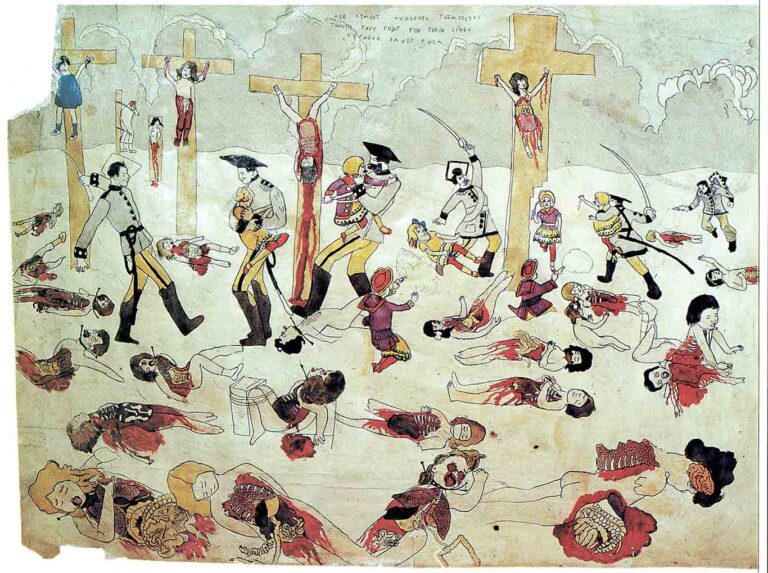 Henry-Darger,-Are-almost-murdered-themselves-though-they-fight-for-their-lives.-Typhoon-saves-them,-first-of-three-panels,-carbon,-pencil-and-watercolor-on-paper,-22x89-inches,-c