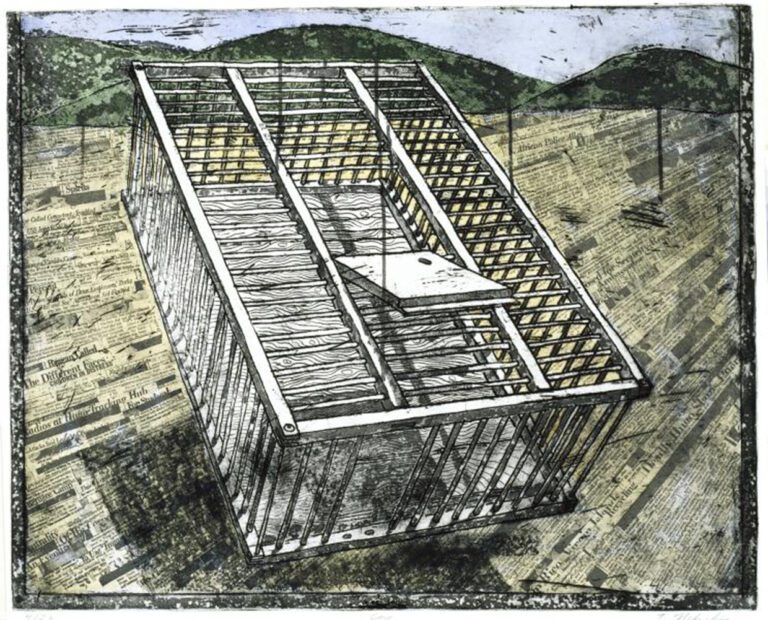 the cage, Tom Nakashima 1990 hand colored etching and photo etching paper.