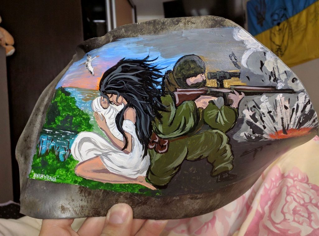 painted on shrapnel by yevheniya vasylchenko from the Dunbas